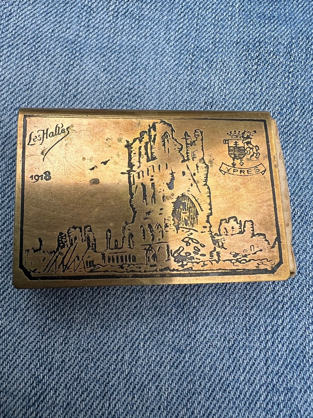 Vintage Brass 1918 Matchbook Cover Ypres Tower & Les Halles Belgium